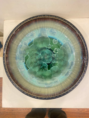 Crystalline Glaze Textured Platter - large, green/brown